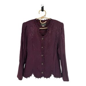 Vintage Leni Leni 80/90 Plum Lace Jacquard Button Blouse Jacket Sz 12 Burgundy